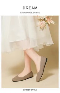 Detailed view of breathable beige flyknit flats for women with a stylish square toe