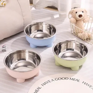 Elevated Stainless Steel Pet Bowl Non-Slip Double Layer Dog Cat Food Water Dish Easy To Clean Macaron Style Plastic Shell Pet Feeding Supplies