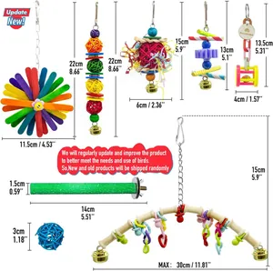 15pcs colorful parrot bird toy set including swings, perches, and rattan balls with dimensions