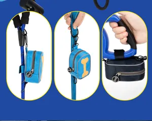 Detail of pet waste bag dispenser pouch attached to different types of dog leashes