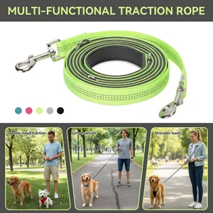 Multi-functional neon green dog leash shown in double-head and shoulder carry modes.