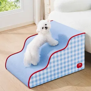 Adjustable blue checkered pet ramp stairs for small dogs and cats with foam padding