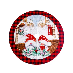Christmas tree skirt with red and black buffalo check border and festive gnome scene