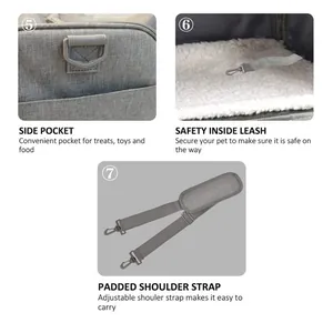 Detail view of grey pet carrier bag with side pocket, safety leash, and padded strap.