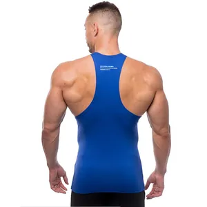 Detailed back view of a blue muscle fit racerback tank top for men's gym training sessions