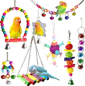 Diverse 11-piece colorful parrot toy set featuring wooden swings, ladders and hanging bells