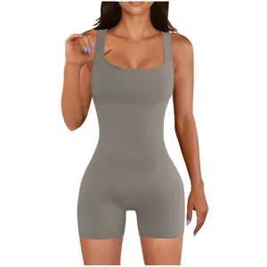 Detailed view of grey square-neck sleeveless yoga romper jumpsuit for women