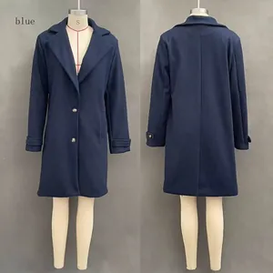 Front and back view of a classic navy blue mid-length lapel woolen coat for women.