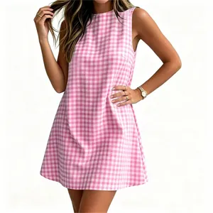 Detailed view of pink gingham sleeveless dress for women with classic round neckline
