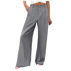 Dettaglio frontale dei pantaloni casual grigi da donna a vita alta con gamba larga e dritta