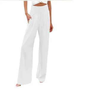 Stylish women's high waisted wide leg pants in solid white color loose casual fit