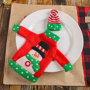 Christmas Snowman Wine Bottle Cover Set Red Green Fabric Mini Sweater And Hat Holiday Table Decoration For Xmas Party Ornament