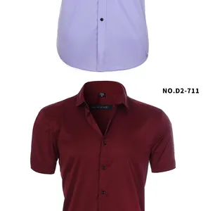 Close-up of collars and fabric on short-sleeved slim fit shirts in burgundy and purple