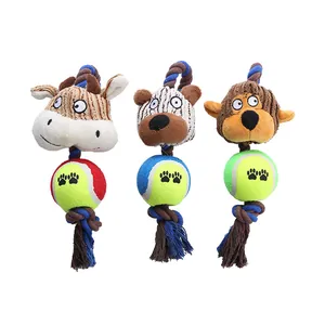 Lot de jouets à mâcher pour chien avec tête d'animal en velours et balle de tennis