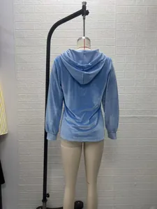 Back view detail of a light blue velvet hooded sweatshirt on a mannequin display