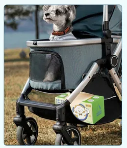 Eco-friendly thickened double-layer pet poop bags in box shown stored in a dog stroller