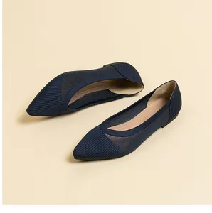 Detail of navy blue knit mesh pointed toe flat shoes for women