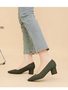Elegant olive green rib-knitted block heel pumps featuring a stylish V-cut and pointed toe