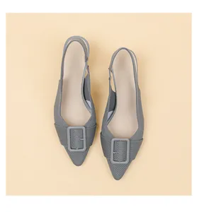 Elegant grey pointed-toe knit slingback sandals with decorative square buckle detail