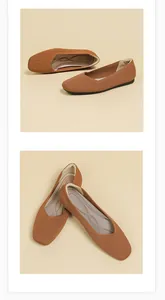 Detailed view of brown flyknit ballet flats with square toe design and padded insoles