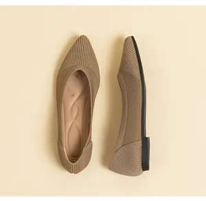 Detail showing knit texture of khaki pointed toe ballet flats for women