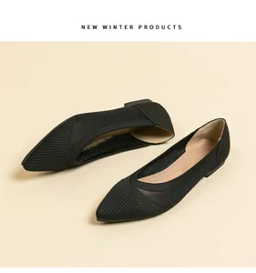 Elegant black pointed-toe mesh knit flat shoes for women's office wear