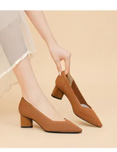 Detailed view of elegant brown ribbed pointed-toe pumps with chunky heels and V-cut.
