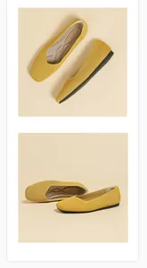 Detailed top and side views of yellow breathable knit flats with square toe for women