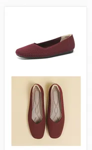 Elegant burgundy knitted flat shoes with breathable square toe and soft sole for women.