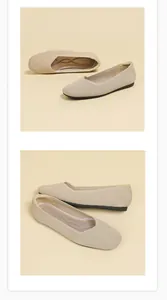 Detailed view of beige fly-knit flat shoes with breathable square toe design