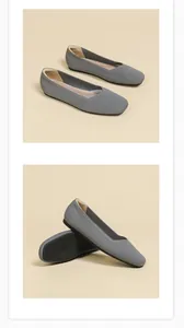 Detailed view of grey square toe knit ballet flats with breathable texture and flexible sole
