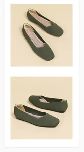 Close-up view of olive green fly-knit fabric on women's stylish square toe flat shoes