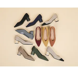Elegant multi-color pointed toe chunky heel pumps with ribbed texture and V-cut design