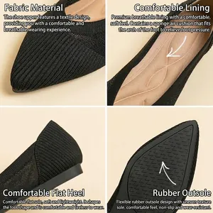 Breathable knit pointed-toe ballet flats with cushioned insole and non-slip rubber sole