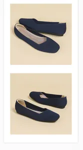 Two views of navy blue knit flat shoes for women with a breathable square toe design.