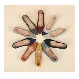 Multi-color knitted pointed-toe ballet flats arranged in a sunburst circular pattern.