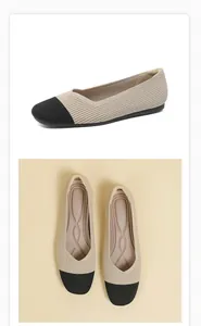 Detailed view showing two-tone fly-knit ballet flats from both top-down and side angles