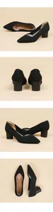 Detailed view of black pointed toe chunky heel pumps with elegant knit texture pattern.
