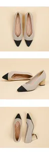 Detailed view showing the ribbed knit texture and V-cut design of the block heel pumps.