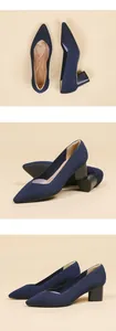Elegant navy blue ribbed fabric pointed toe block heel pumps with cushioned insole