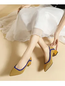 Elegant pointed toe knit block heel pumps in mustard yellow with blue trim detail