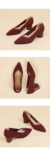 Macro detail showing the burgundy ribbed texture and V-neckline of pointed-toe block heels