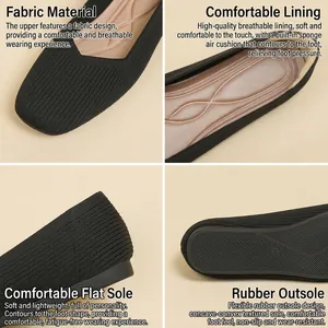 Square toe flyknit flats collage showing breathable fabric and rubber sole details