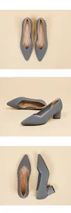 Detailed views of elegant grey ribbed knit pointed-toe pumps with stable block heels