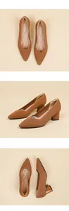Detailed views of brown ribbed knit pointed-toe pumps with block heels and V-mouth design