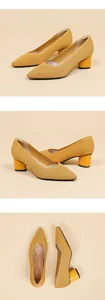 Detailed multi-angle view of yellow ribbed pointed-toe pumps featuring comfortable chunky heels.