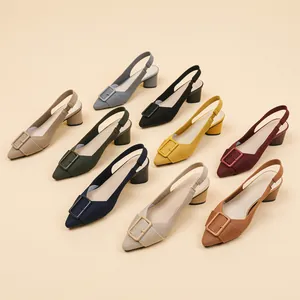 Women Pointed Toe Flyknit Hollow Out Sandals Breathable Block Heel Slingback High Heels With Square Buckle Fashion Summer Shoes