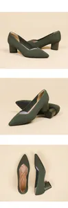 Detailed view of olive green ribbed pointed-toe pumps with stable mid block heels