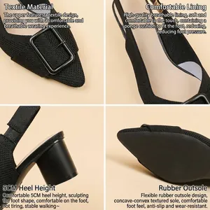 Black pointed-toe knitted slingback pumps with a 5cm block heel and square buckle