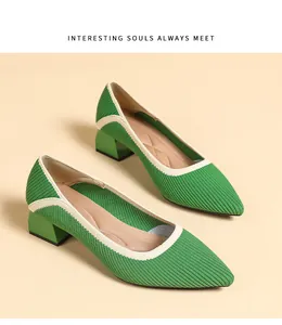 Stylish green knitted pointed toe chunky heel pumps featuring breathable mesh texture
